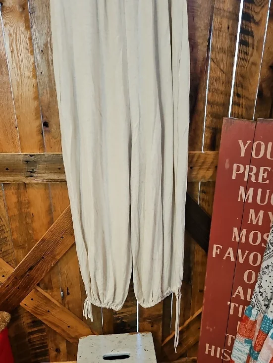 386 Cream Lightweight Spaghetti Strap Jumpsuit with Drawstring Hems - Picture 9 of 9